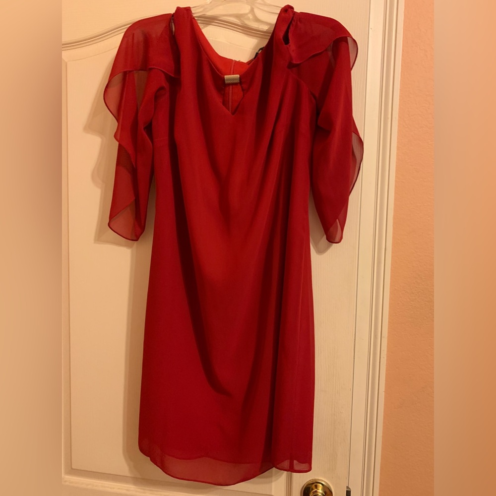 Peek a boo shoulder red dress chiffon over layer